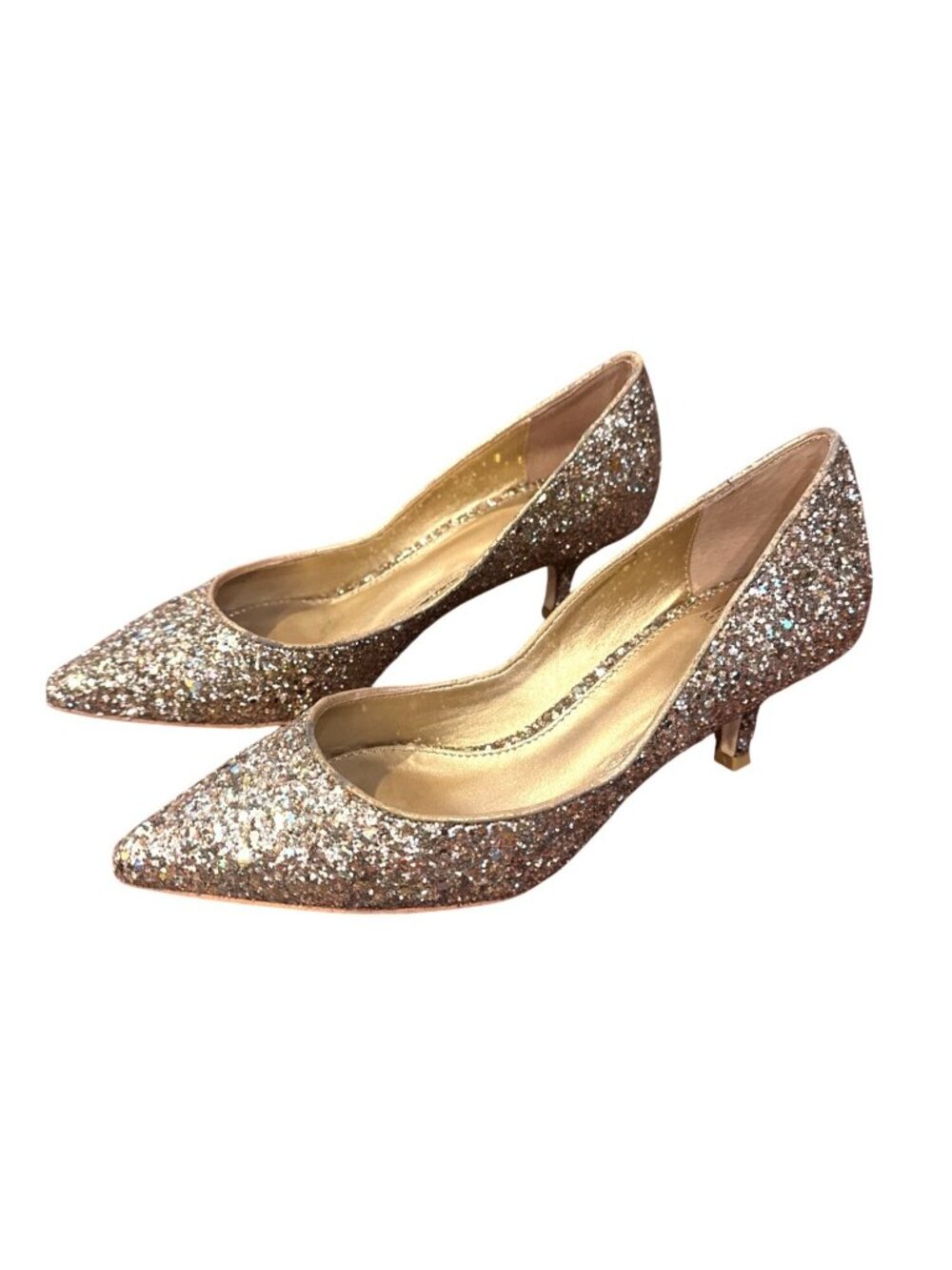 Belle Badgley Mischka Glitter Kitten Heel Pumps Gold 6.5M Formal Wedding Shoes